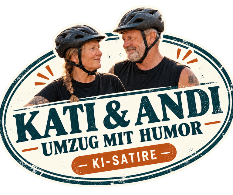 Kati & Andi – KI-Satire von Möbel-Service-Transport Kraus Zur Galerie: Kati & Andi – Umzug mit Humor. Stempelmotiv mit zwei fiktiven KI-Figuren.